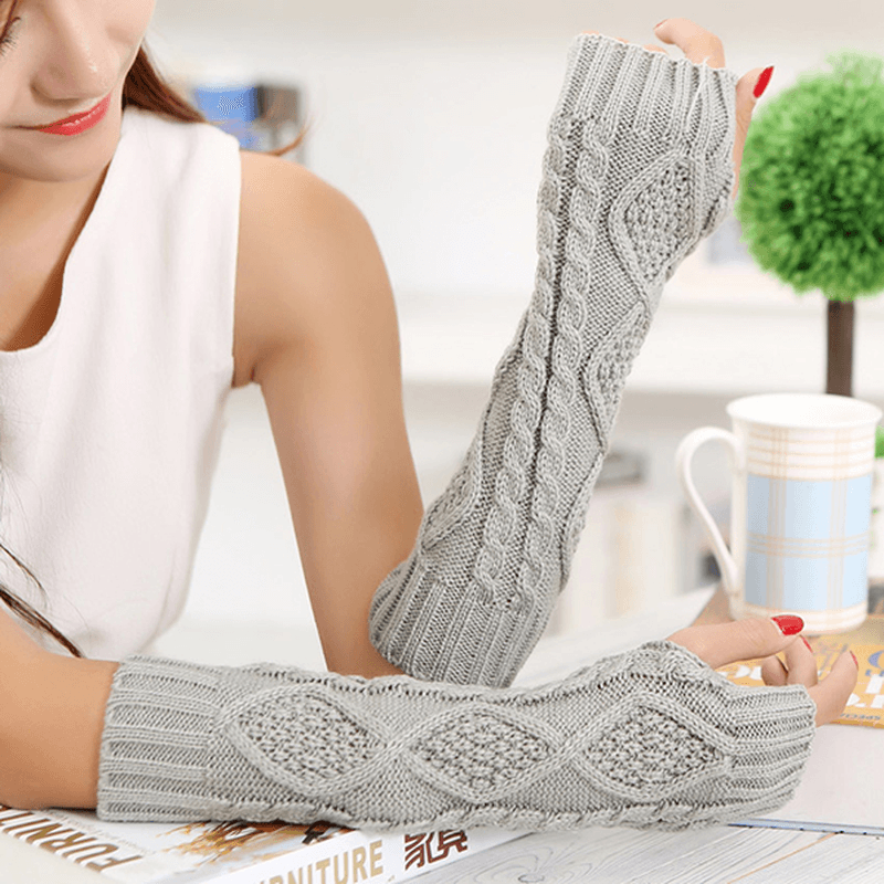 Women Winter Warm Knitting Fingerless Long Sleeve Gloves Casual Rhombic Pattern Gloves