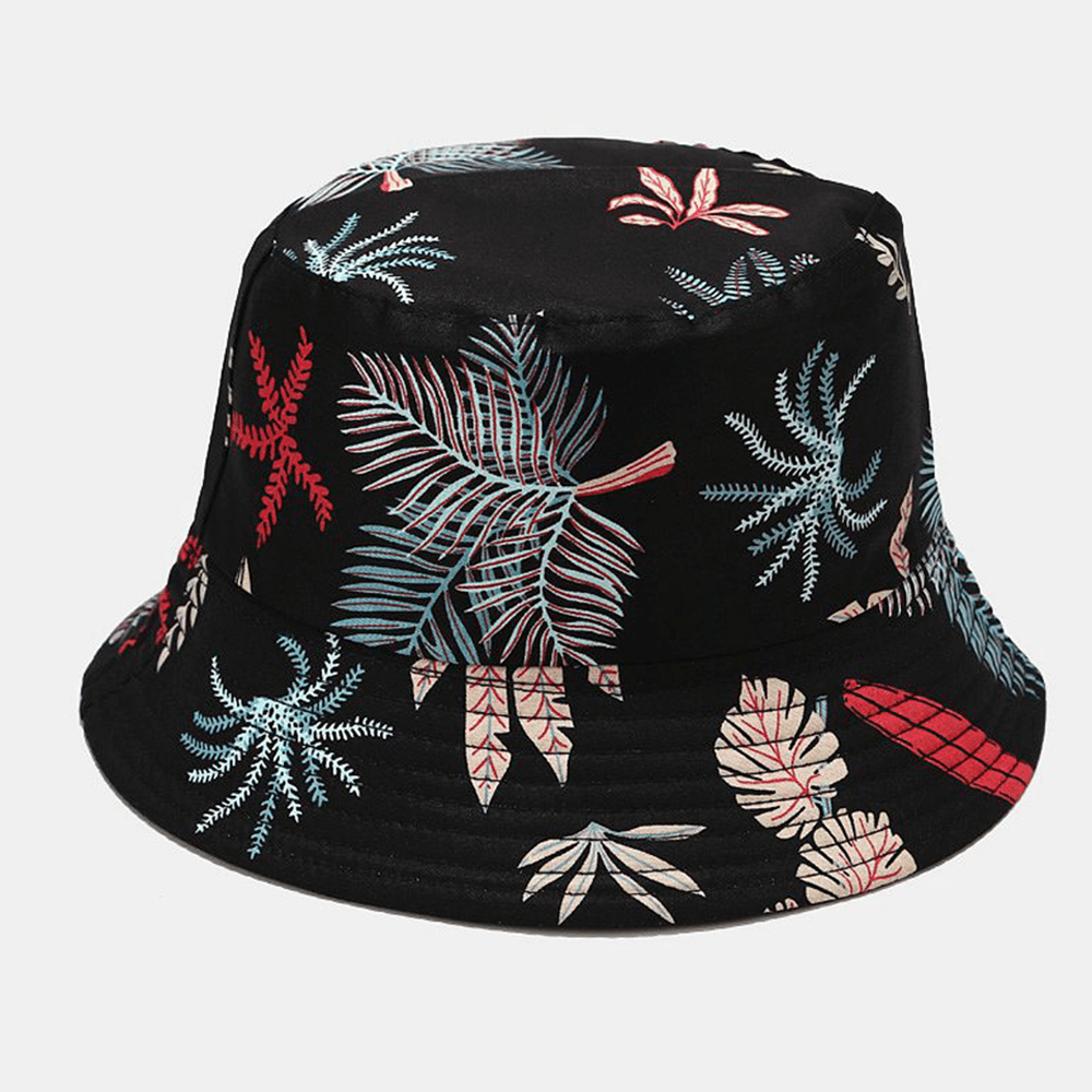 Women Double-Sided Summer UV Protection Marine Plant Pattern Casual Simple Sun Hat Bucket Hat - MRSLM