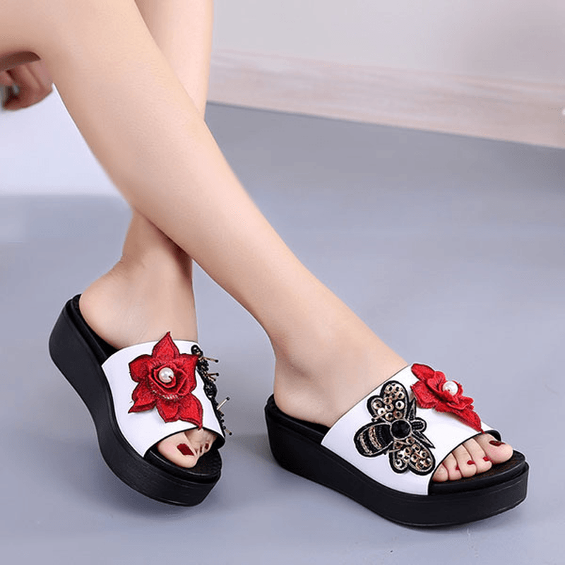 Women Summer Sandals Slip on Soft Sole Flower Embroidery Slippers