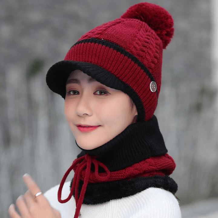 Wool Cap and Scarf Set Beanie Warm Winter Pom Wooly Cap - MRSLM