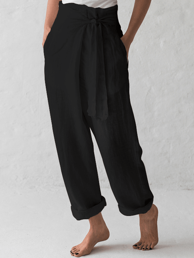 Women Cotton Belted High Waist Casual Wide Leg Harem Pants - MRSLM