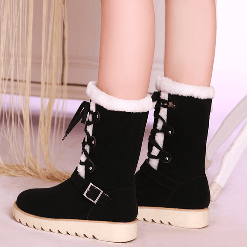 US Size 5-12 Flats Cotton Snow Boots Lace up Fur Lining Ankle Boots