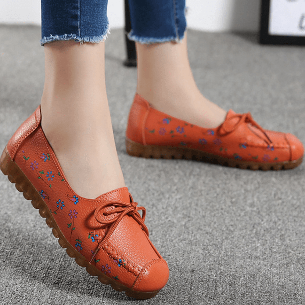 Women Bowknot Flowers Printing Comfy Non Slip Soft Sole Casual Leather Loafers