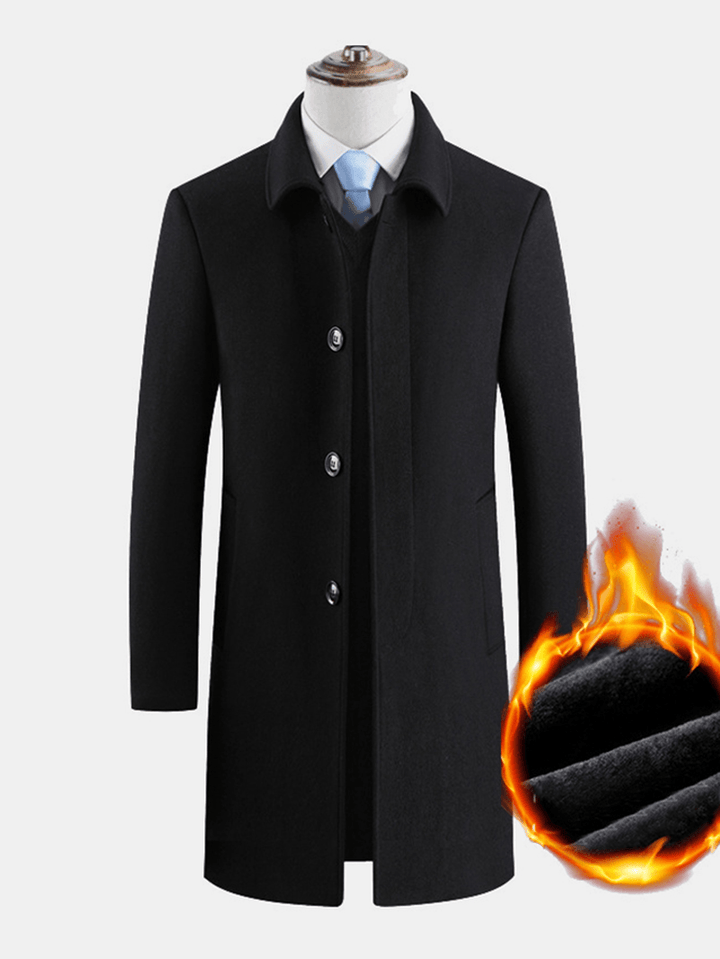 Mens Solid Color Thick Warm Single-Breasted Business Woolen Cloth Trench Coats