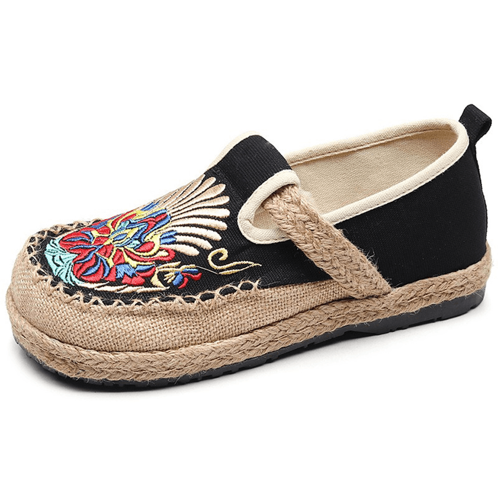 Women Linen Comfy Embroidery Straw Slip on Flat Loafers - MRSLM