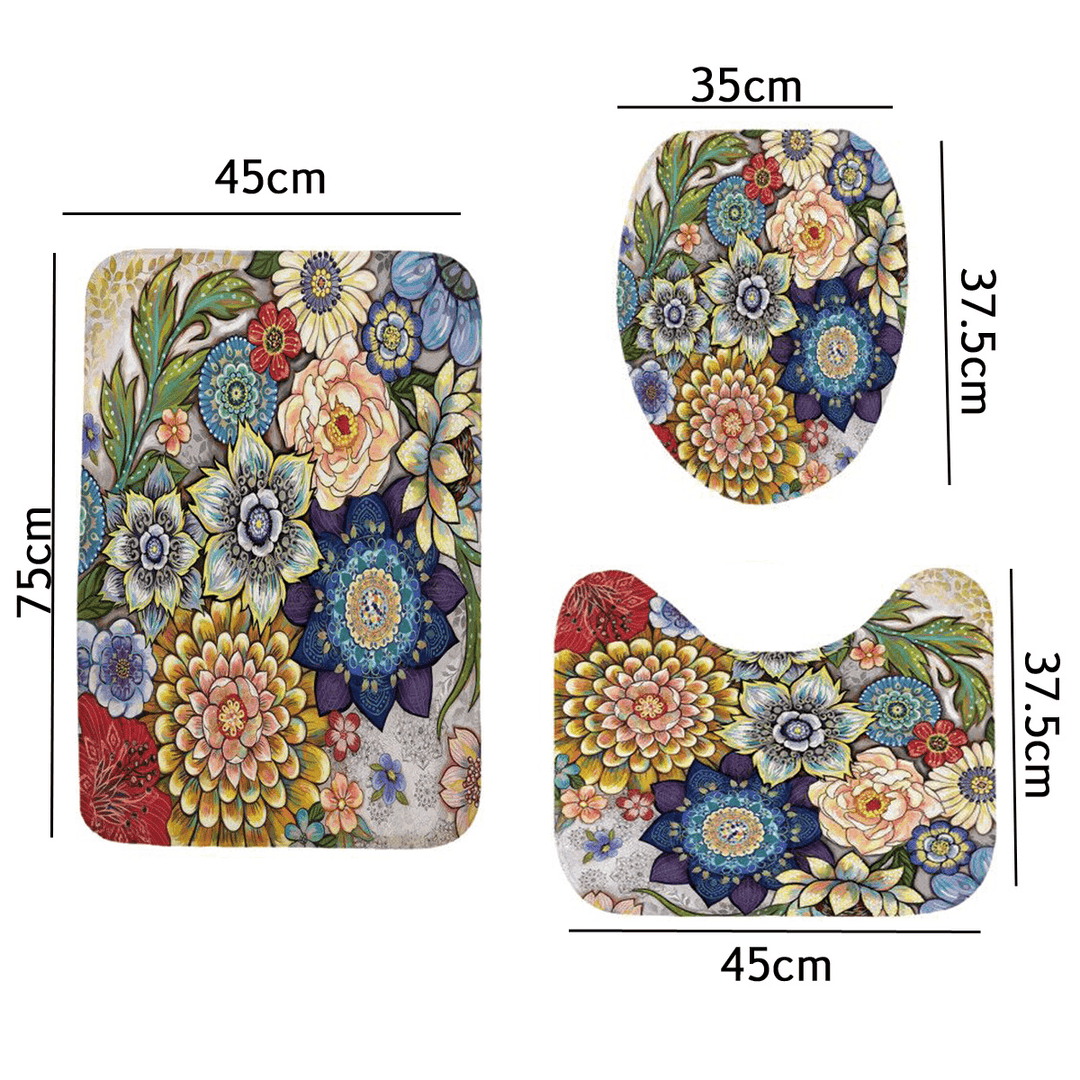 4Pcs Bathroom Mat Set Pedestal Rug Lid Toilet Cover Shower Curtain Non Slip