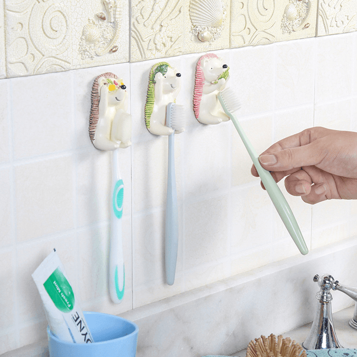 Honana Resin Shy Hedgehog Toothbrush Suction Holder Wall Mount Plug Socket Organizer Sundry Key Hook Wall Hanger