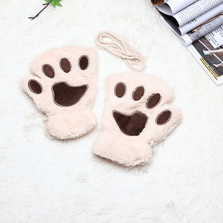 Women Girls Fluffy Plush Bear Cat Paw Fingerless Gloves Paw Glove Winter Warm Mittens - MRSLM