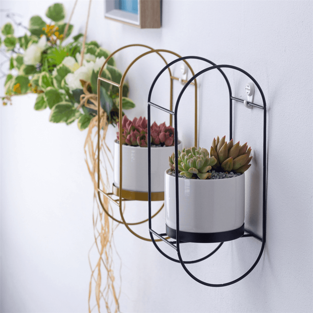 Bakeey Succulent Flower Pot Simple Wall-Mounted Oval Iron Frame Rround Combination Ceramic Flower Pot Iron Frame Flower Pot Set