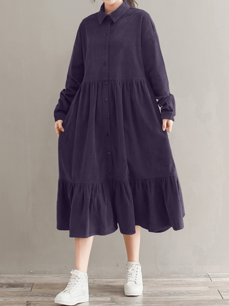 Women Corduroy Casuallace-Up Ruffles Hem Loose Full Sleeve Mid-Calf Length Midi Dress - MRSLM