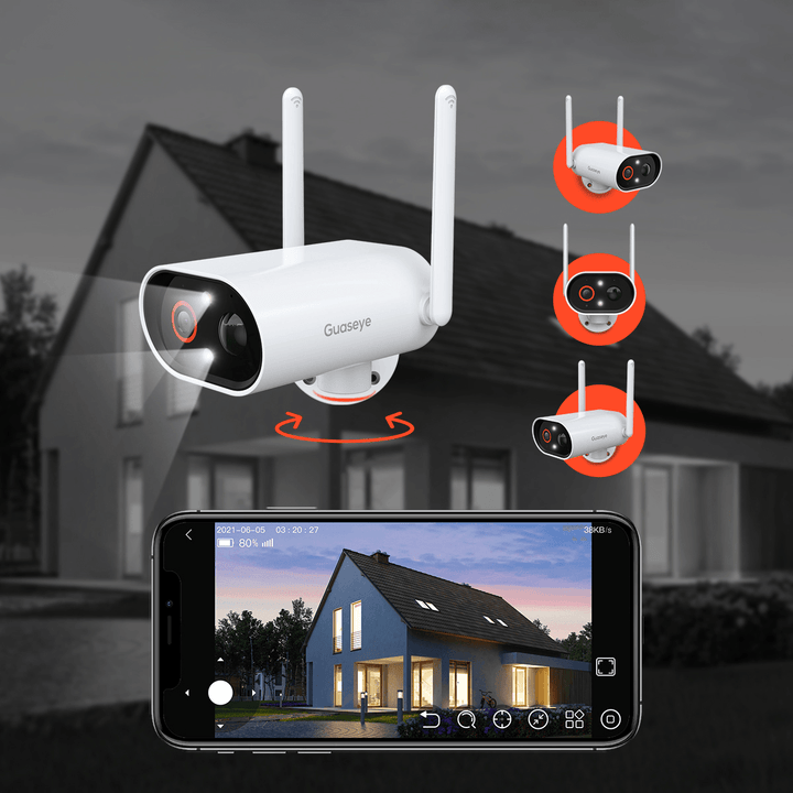 Guaseye 2K/3MP WIFI Outdoor Security Camera Solar Powered 25M Color Night Vision 180¬∞ Remote Pan-Tilt IP65 Waterproof Security Camera with Solar Panel and 32GB SD Card Included