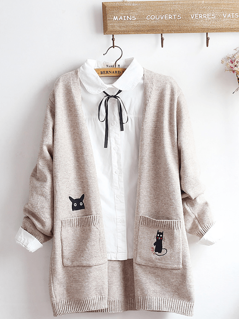 Embroidery Cat Knit Long Sweater Cardigans - MRSLM