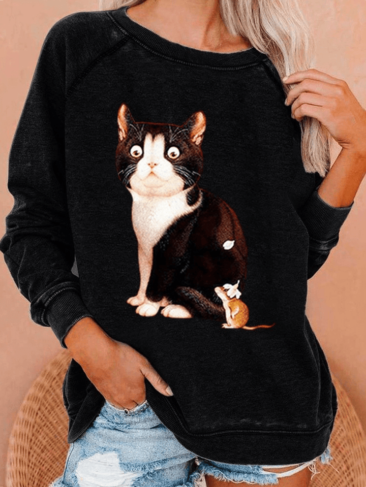 Women Cute Cat Graphics round Neck Casual Raglan Sleeve Sweatshirts - MRSLM