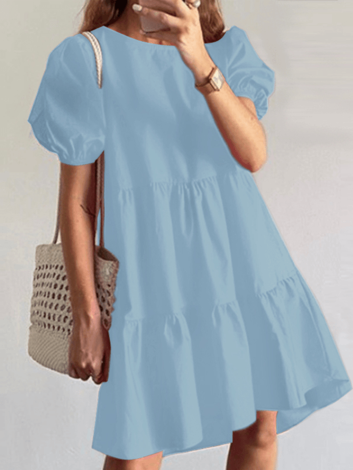 Women Solid Color Tiered round Neck Stitching Casual Short Sleeve Midi Dresses