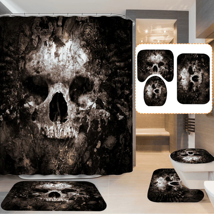 Skull Pattern Polyester Bathroom Shower Curtain Non-Slip Toilet Cover Mat Rug Set