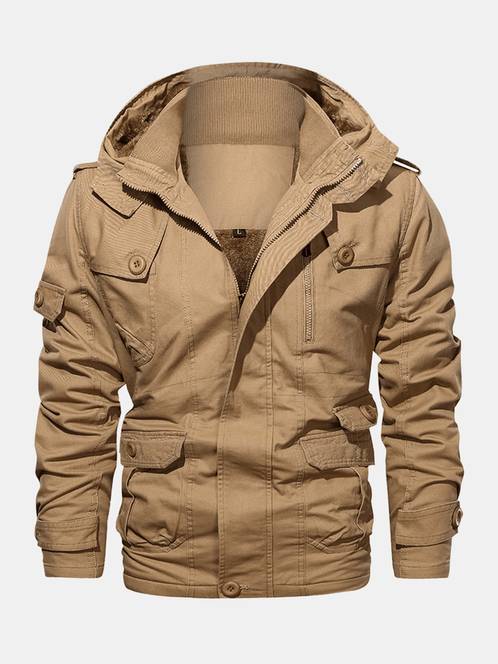 Mens Cotton Zipper through Pocket Thick Hooded Jackets