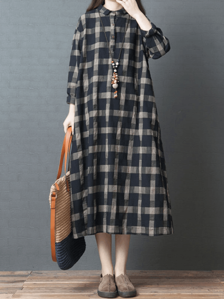 Casual Women Plaid Button Half Sleeve Dress