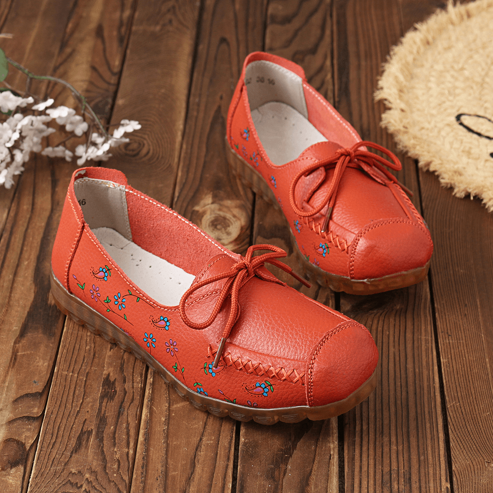 Women Bowknot Flowers Printing Comfy Non Slip Soft Sole Casual Leather Loafers