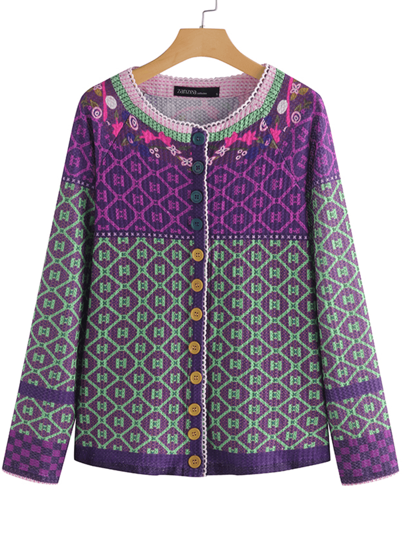 Ethnic Print Patchwork Long Sleeve Cardigans for Women