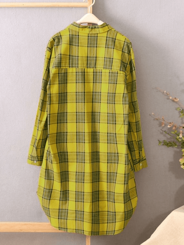 Women Plaid Lapel Collar Long Sleeve Casual Long Shirts