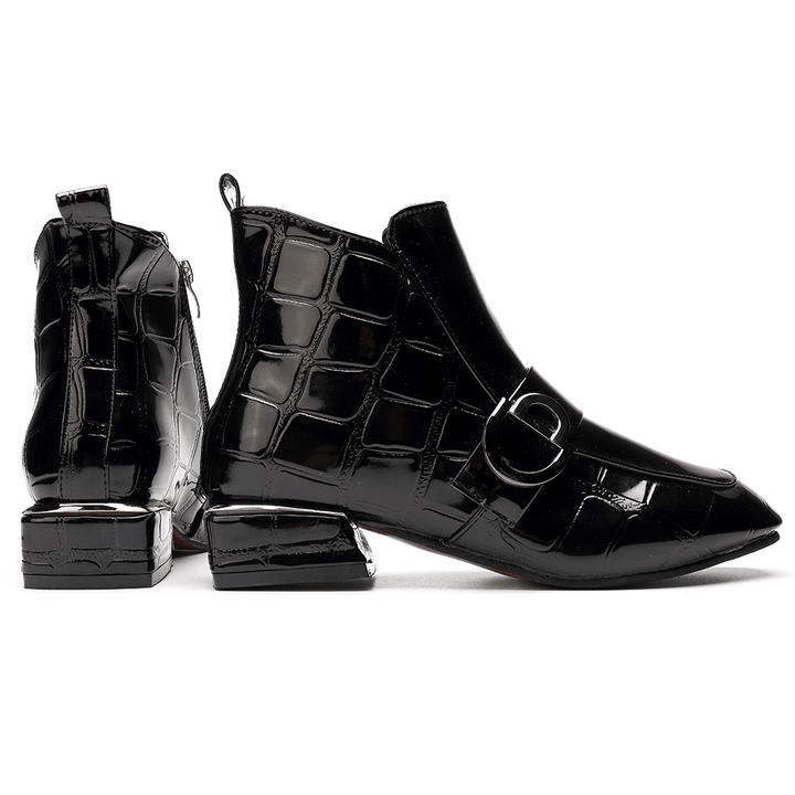 Women Chic Embossed Patent Buckle Zipper Ankle Boots