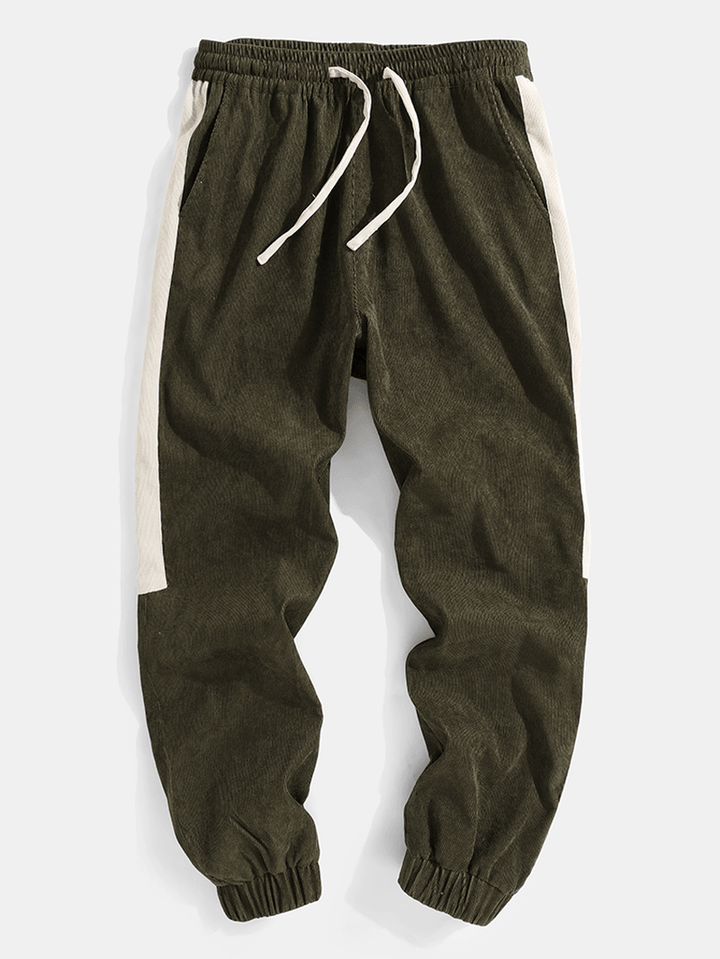 Mens Corduroy Side Stripe Casual Drawstring Jogger Pants