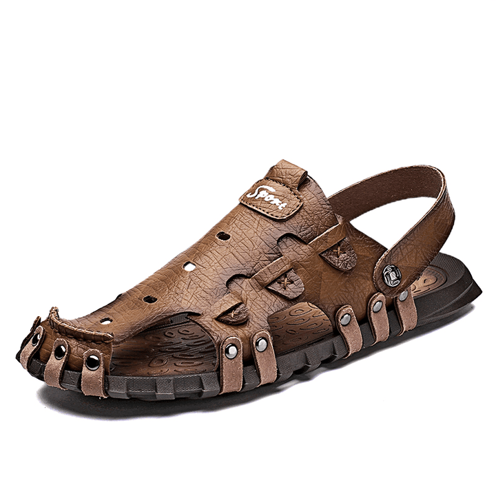 Men PU Sandals Two-Ways Breathable Closed Toe Casual Vintage Slippers