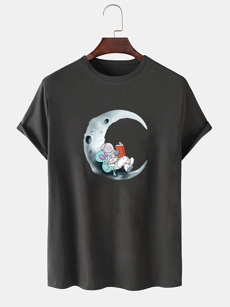 Mens 100% Cotton Moon Astronaut Print Short Sleeve Casual T-Shirts