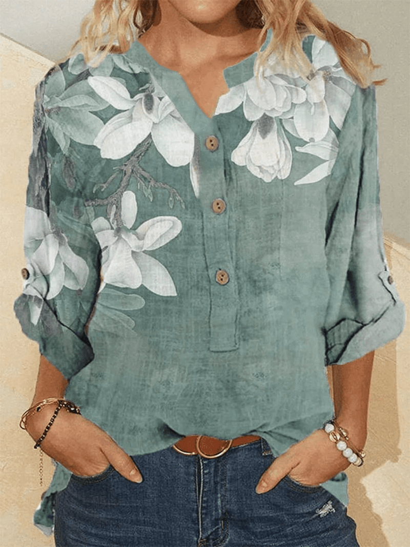 Women Cotton Floral Embroidery Casual Stand Collar Shirt