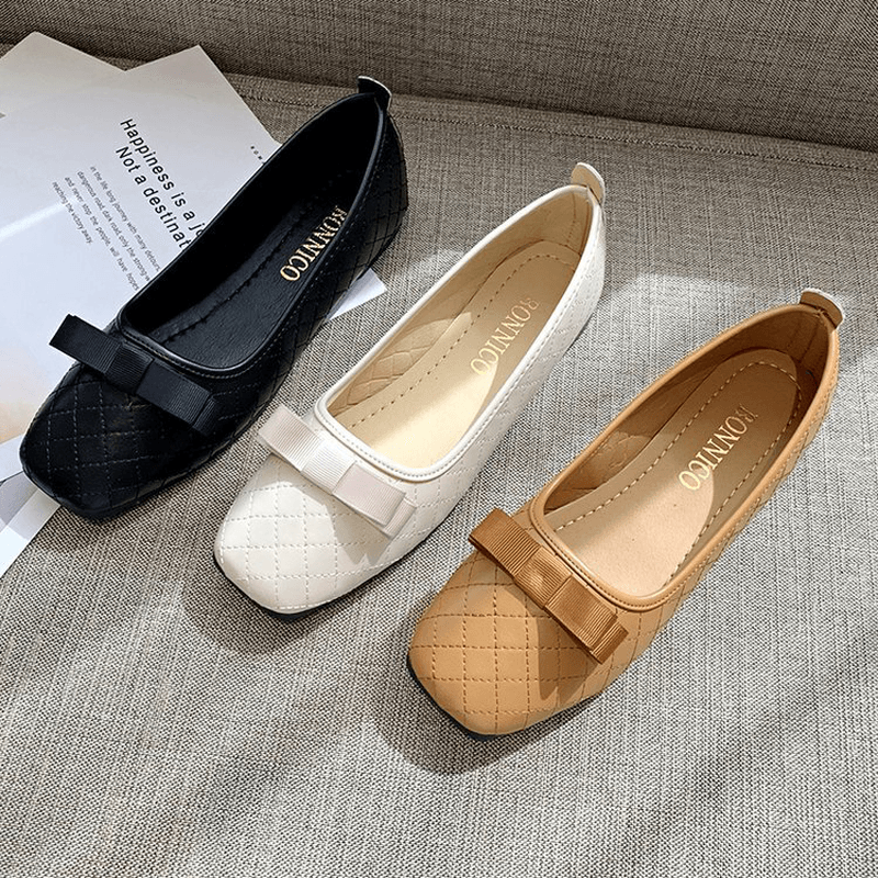 Women Bow Decor Comfy Square Toe Soft Sole Casual Slip on Loafers