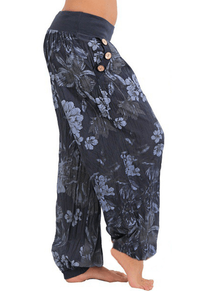 Women Casual Loose Floral Print Button Full Length Pants