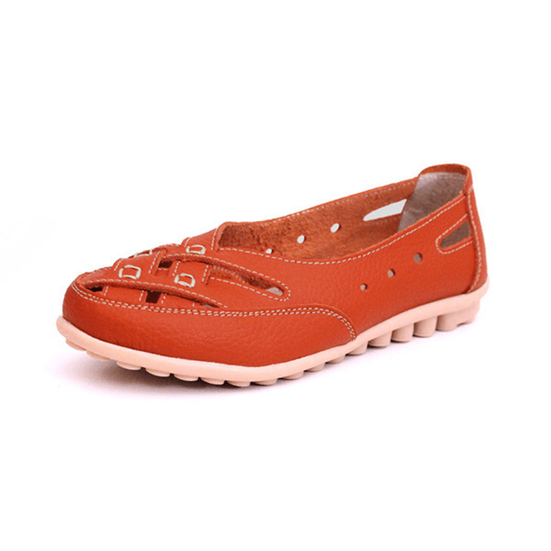 Women Summer Flat Casual Outdoor Hollow Out Leather Soft Comfortable Flat Loafers Shoes