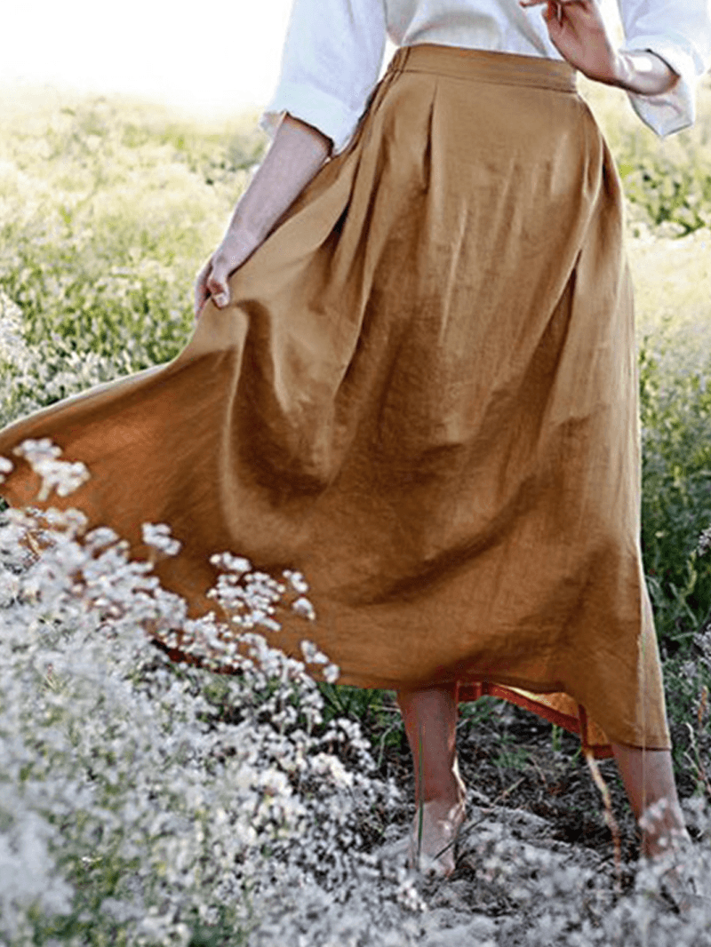 Solid Elastic Waist Linen Cotton Skirts