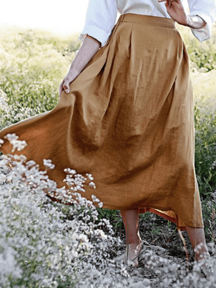 Solid Elastic Waist Linen Cotton Skirts