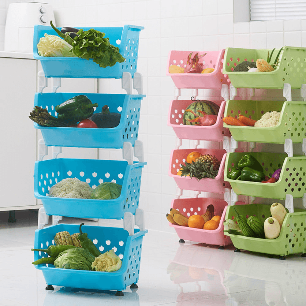 4 Tiers Plastic Stacked Storage Basket Fruit Vegetables Holders Shelf Rack Store for Kitchen Tools - MRSLM