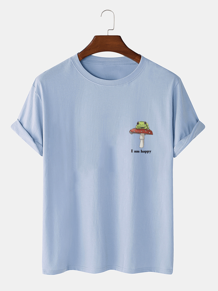 Mens Frog Mushroom Chest Print Casual 100% Cotton Short Sleeve T-Shirts