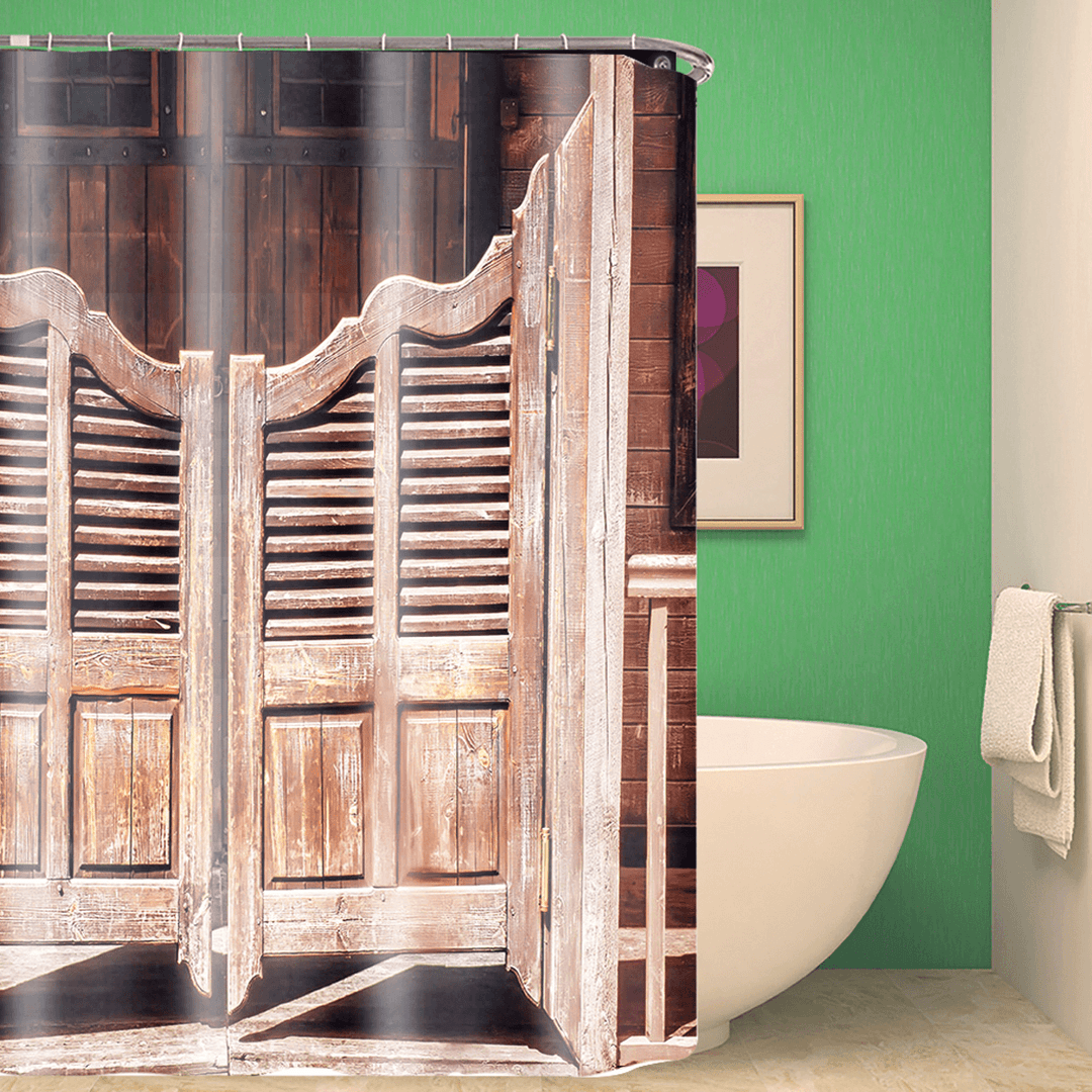 Old Wooden Door Retro Bath Pedestal Rug Lid Toilet Cover Mat Shower Curtain