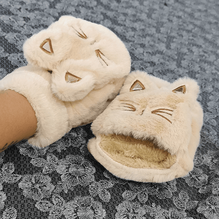 Women Plush plus Thicken Cute Cartoon Cat Pattern Keep Warm Half-Finger Gloves