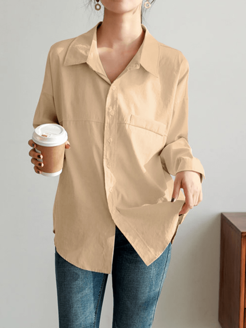 Solid Color Lapel Long Sleeve Plain Daily Casual Shirts for Women