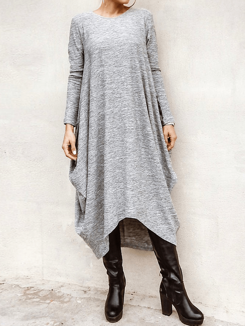 Women's Casual High Low Hem Midi Dress - Loose Fit with Long Sleeves