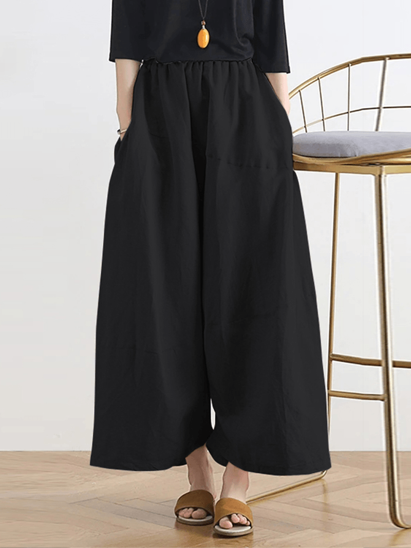 Women Solid Color Patchwork Elastic Waist Casual Wide Leg Pants with Side Pockets - MRSLM