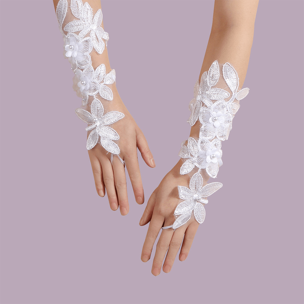 Women Mid-Length Lace Flowers Bandage Decorative Breathable Split Finger Gloves Sun Protection Sleeves