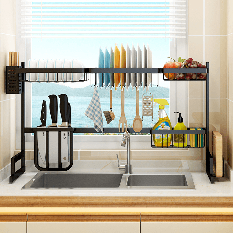 2 Layers Stainless Steel over Sink Dish Drying Rack Storage Multifunctional Arrangement for Kitchen Counter