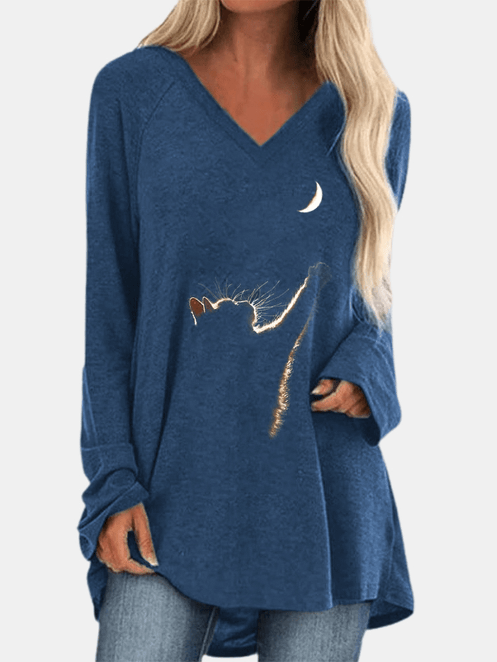 Cat Print Long Sleeves V-Neck High Low Hem Casual T-Shirt for Women