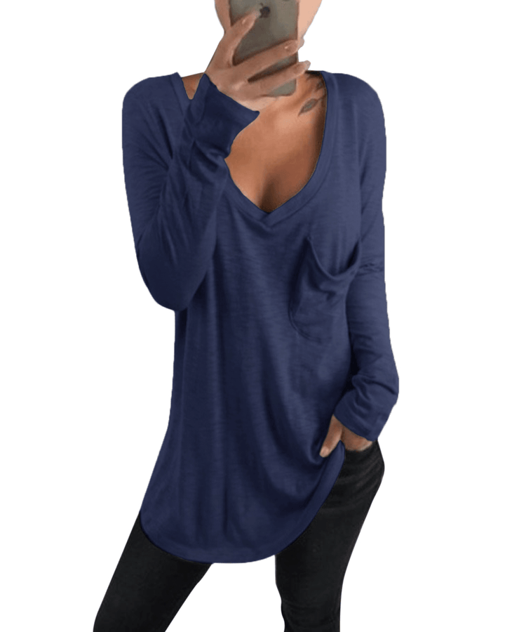 Women Casual V Neck Long Sleeve Loose Baggy Solid T Shirts with Pocket