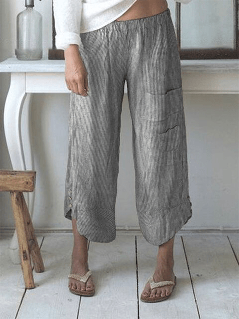 Stripe Elastic Waist Button Pocket Casual Pants