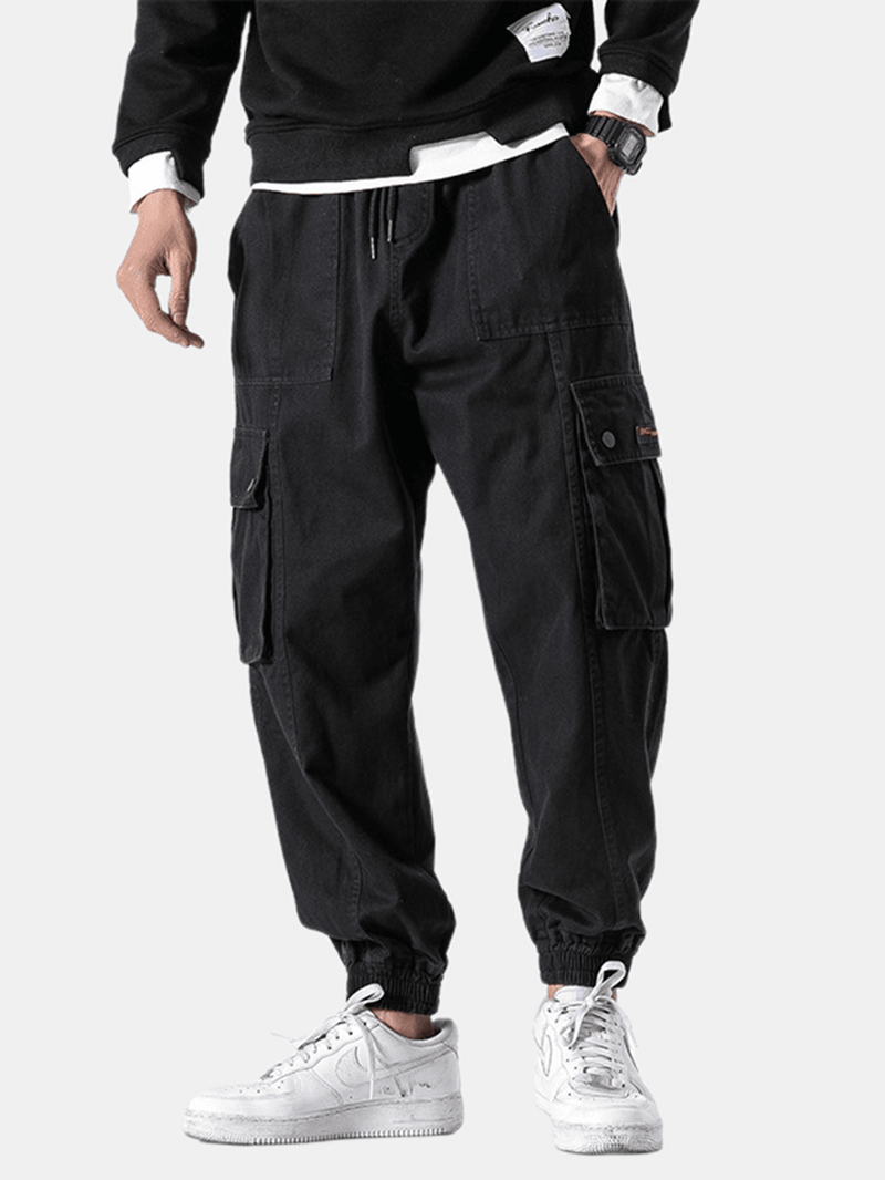 Mens Casual Elastic Waist Pockets Pure Color Straight Pants