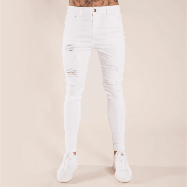 Ripped European and American Black Slim High Waist Jeans Men'S