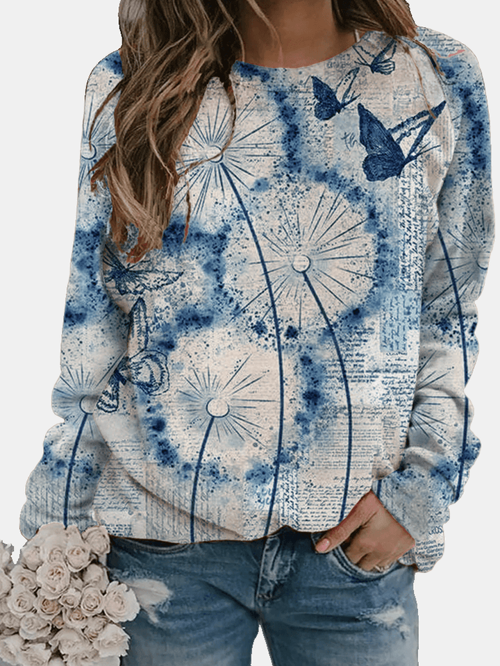 Flower Butterfly Printed Long Sleeve O-Neck Blouse for Women - MRSLM