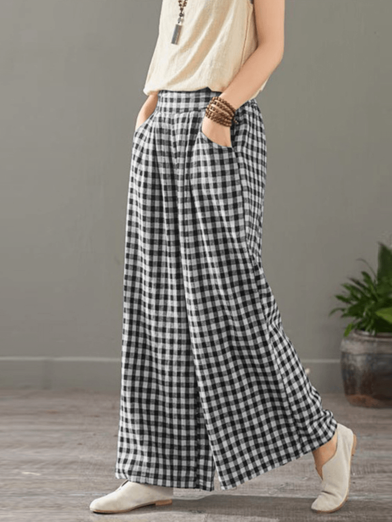 Women Plaid Print Elastic Waist Vintage Casual Loose Wide Leg Pants with Pockets